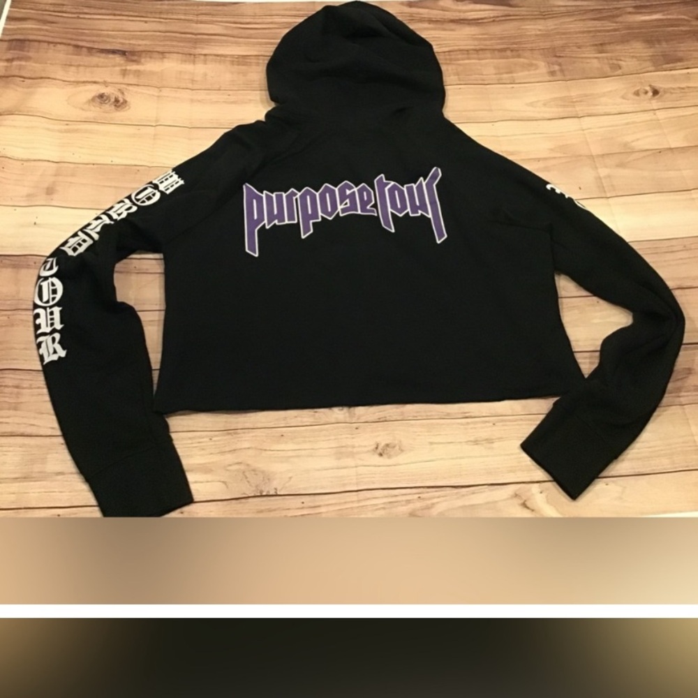 Justin Bieber Black and Purple Graphic Crop Hoodie